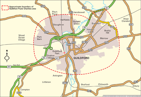 Click for larger map Map of Guildford Poyle Charities catchment area